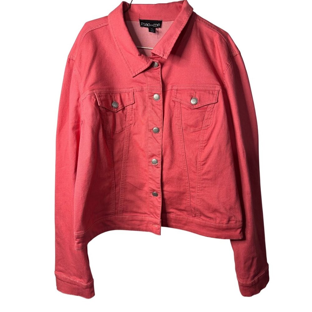 Mac and Me Womens Large Pink Jacket Trucker Shacket Stretchy Denim Flap Pocket